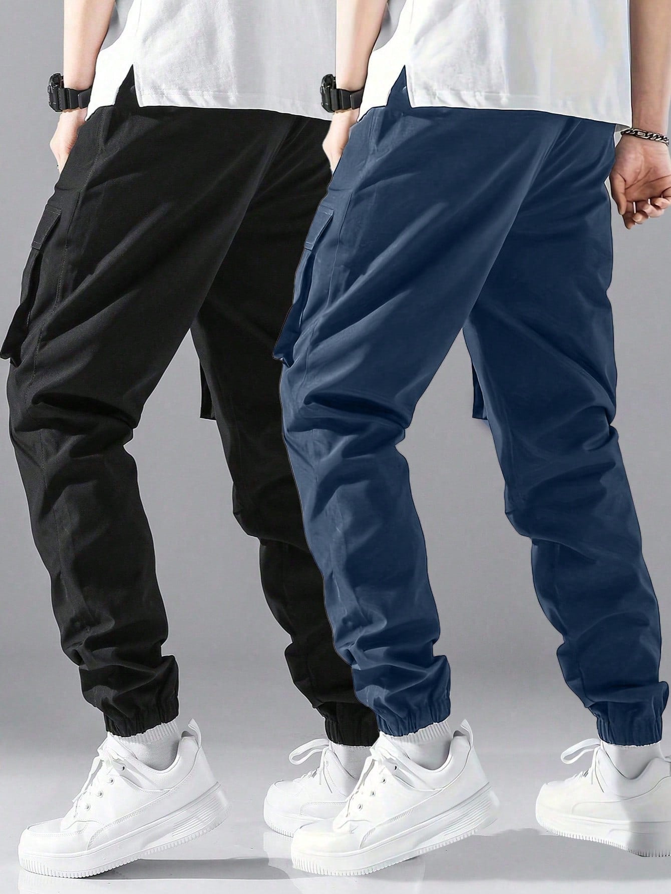 2pcs Men's Casual Cargo Pants With Letter Patch