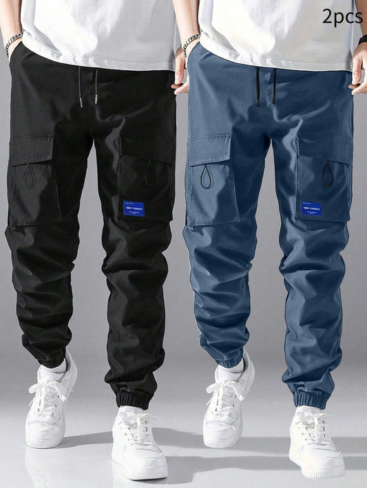 2pcs Men's Casual Cargo Pants With Letter Patch