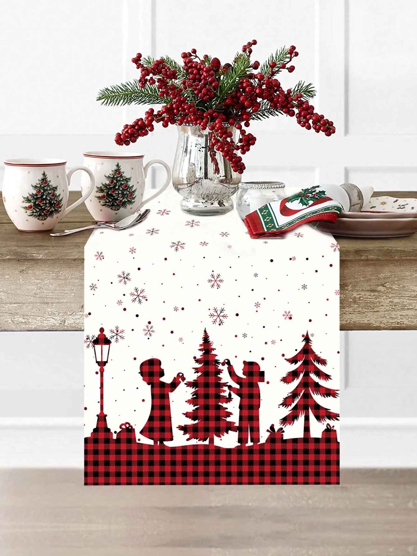 1Pc Merry Christmas Table Runner Tablecloth Table Cover,Christmas Decoration,Red And Black Plaid Man Pattern,Christmas Party Supplies,Christmas Table Decor Home Dcor,Xmas Decor,New Year 2025 Decor,Christmas