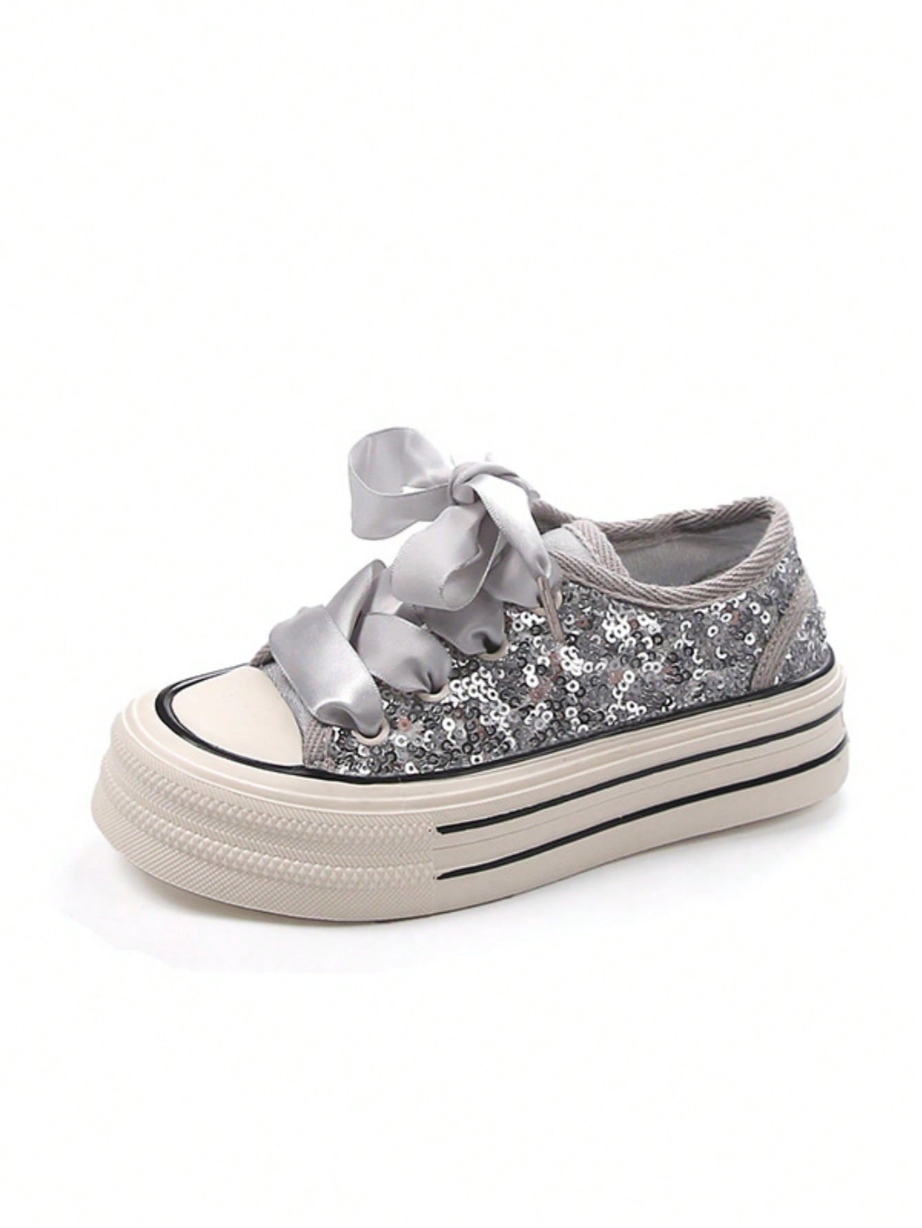 1 Pair Girls Glitter Sneakers 2024 New Thick Sole Breathable Canvas Shoes With Hidden Heel