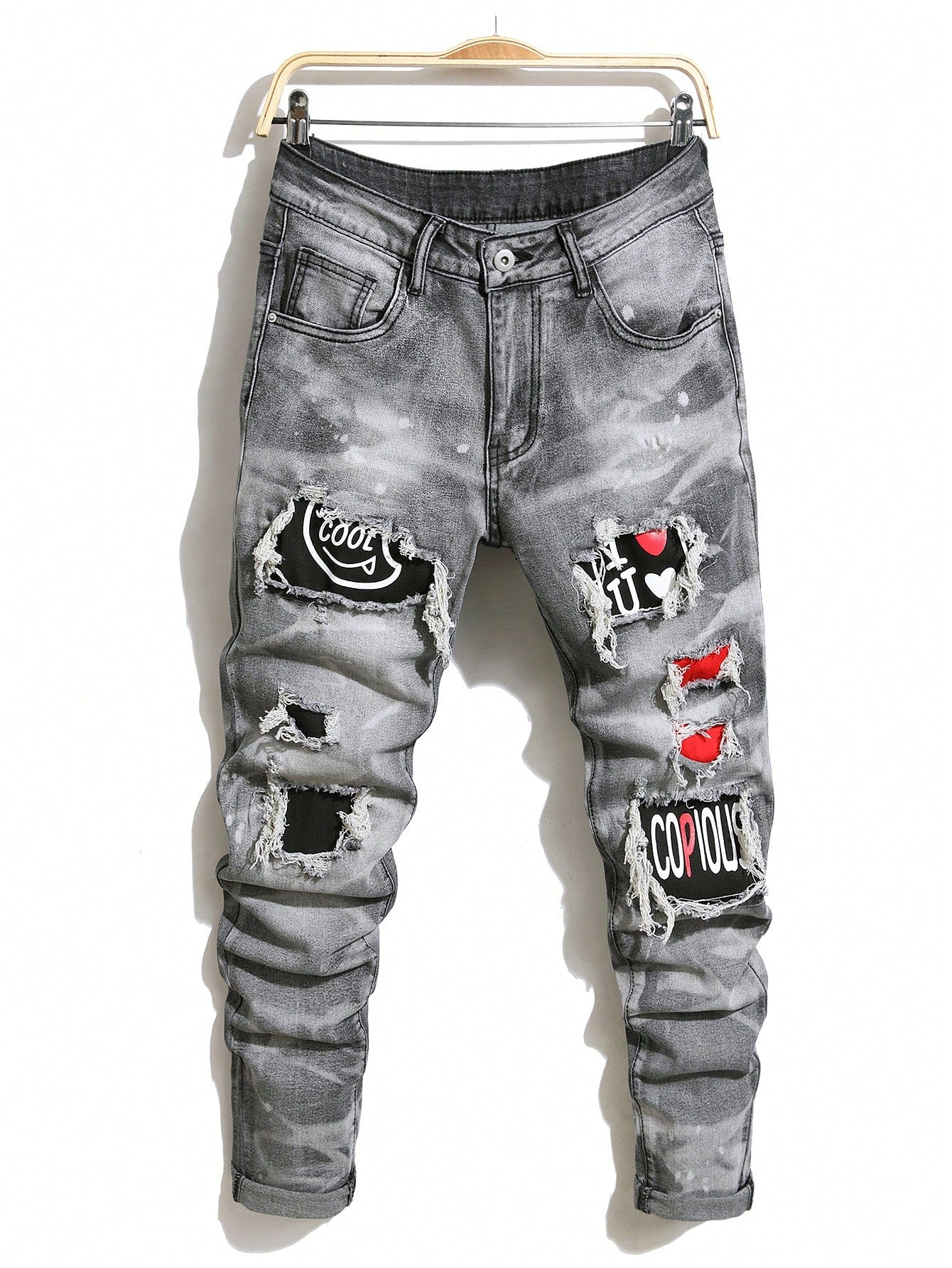 Manfinity LEGND Men Splash Ink Print Ripped Frayed Rag Stitching Jeans