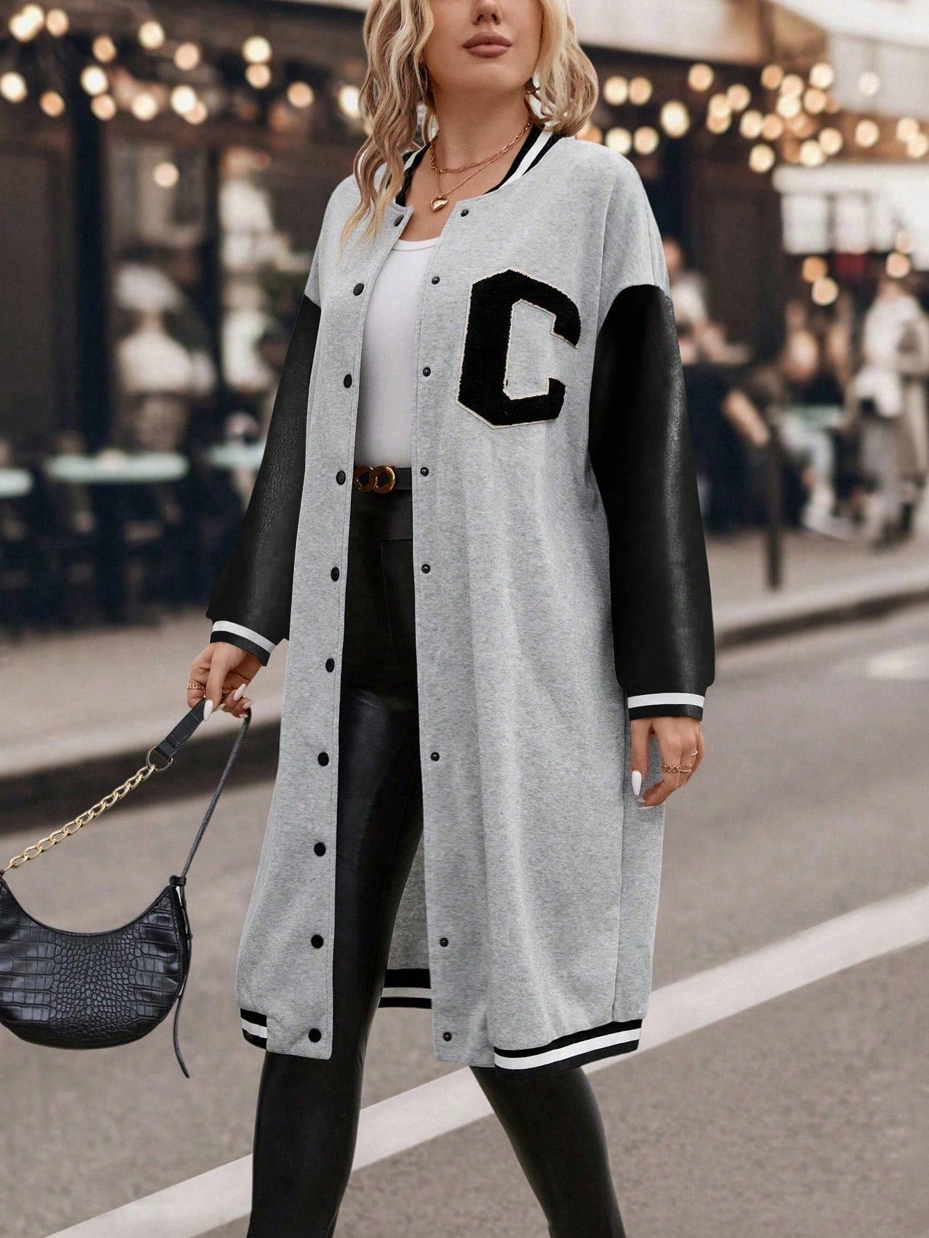 LUNE Plus Size Single-Breasted Striped Design Long Sleeve Contrast Color Baseball Collar Jacket