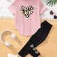 2pcs Set Tween Girls Casual Leopard Print Heart Graphic T-Shirt And Pants, Summer