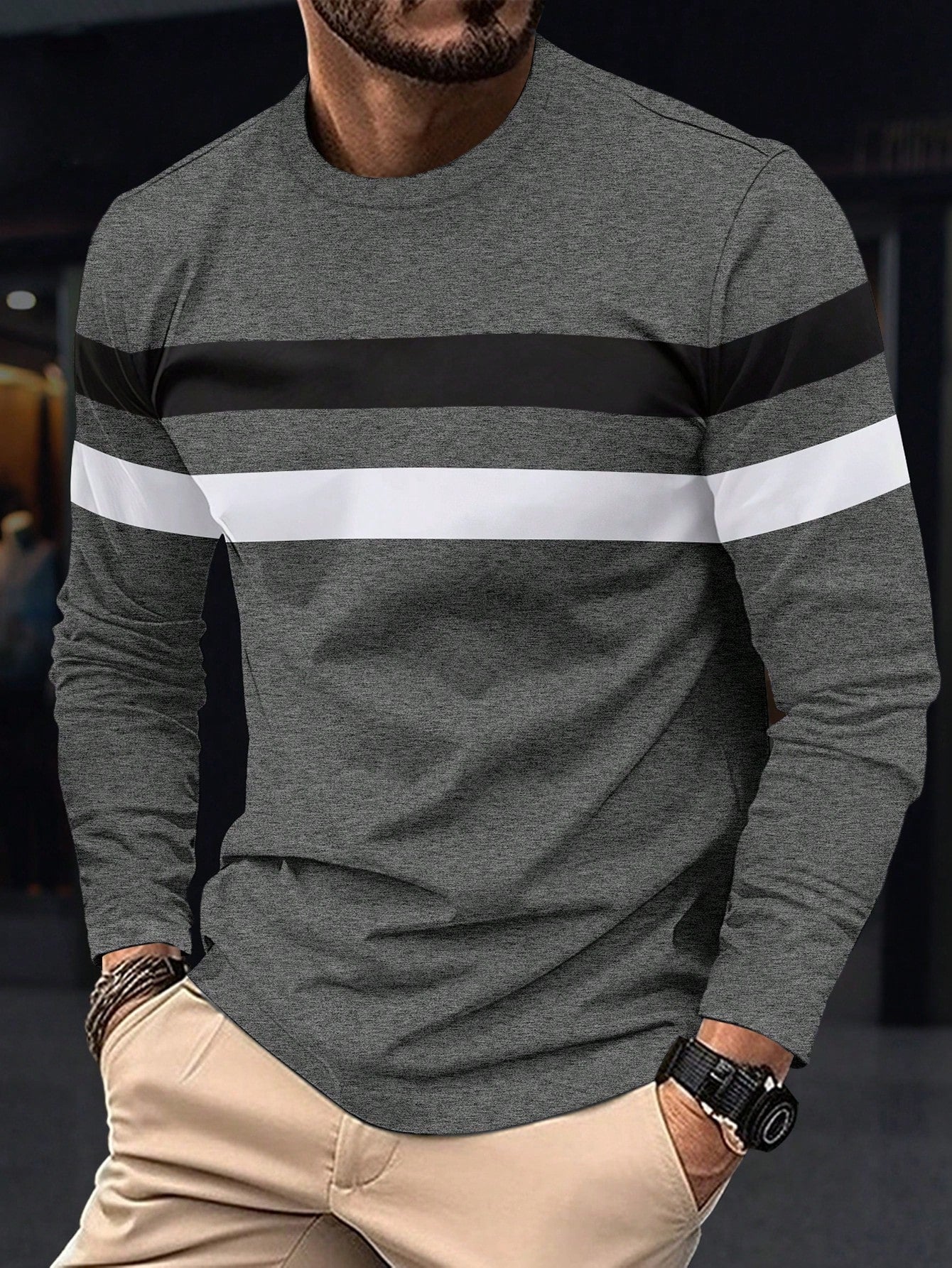 New Men's Colorblock Long Sleeve T-Shirt, Breathable