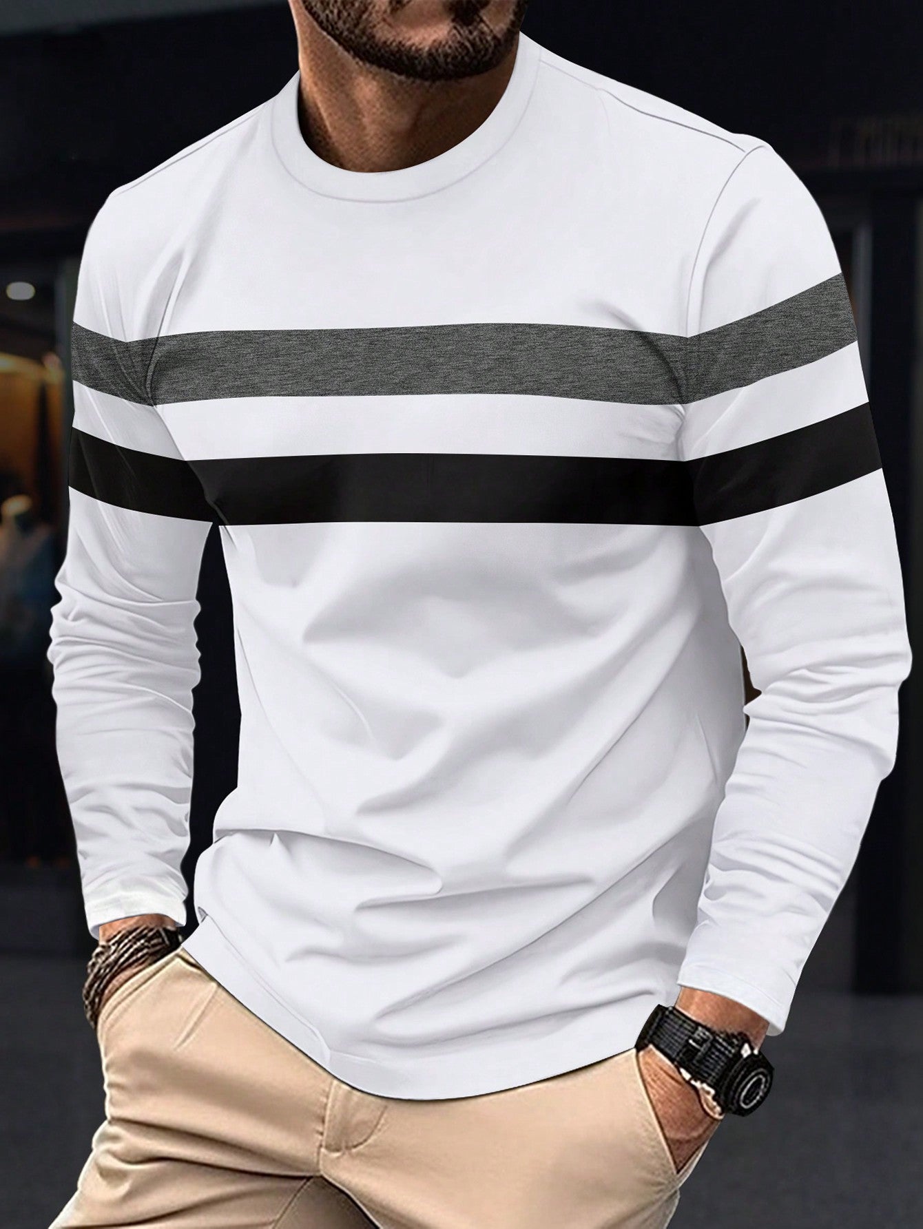 New Men's Colorblock Long Sleeve T-Shirt, Breathable