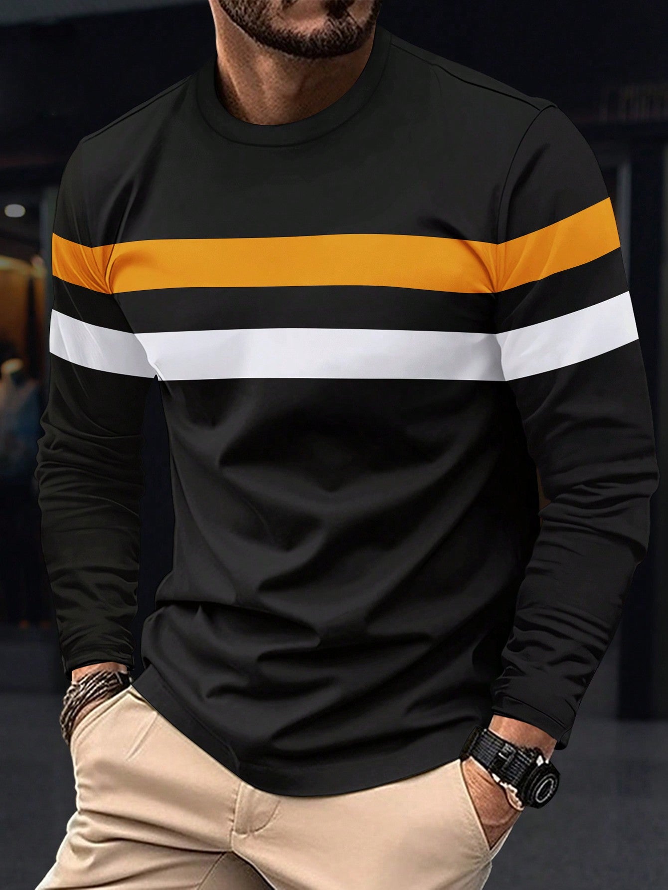 New Men's Colorblock Long Sleeve T-Shirt, Breathable