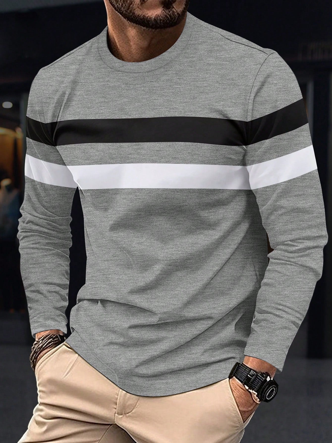 New Men's Colorblock Long Sleeve T-Shirt, Breathable