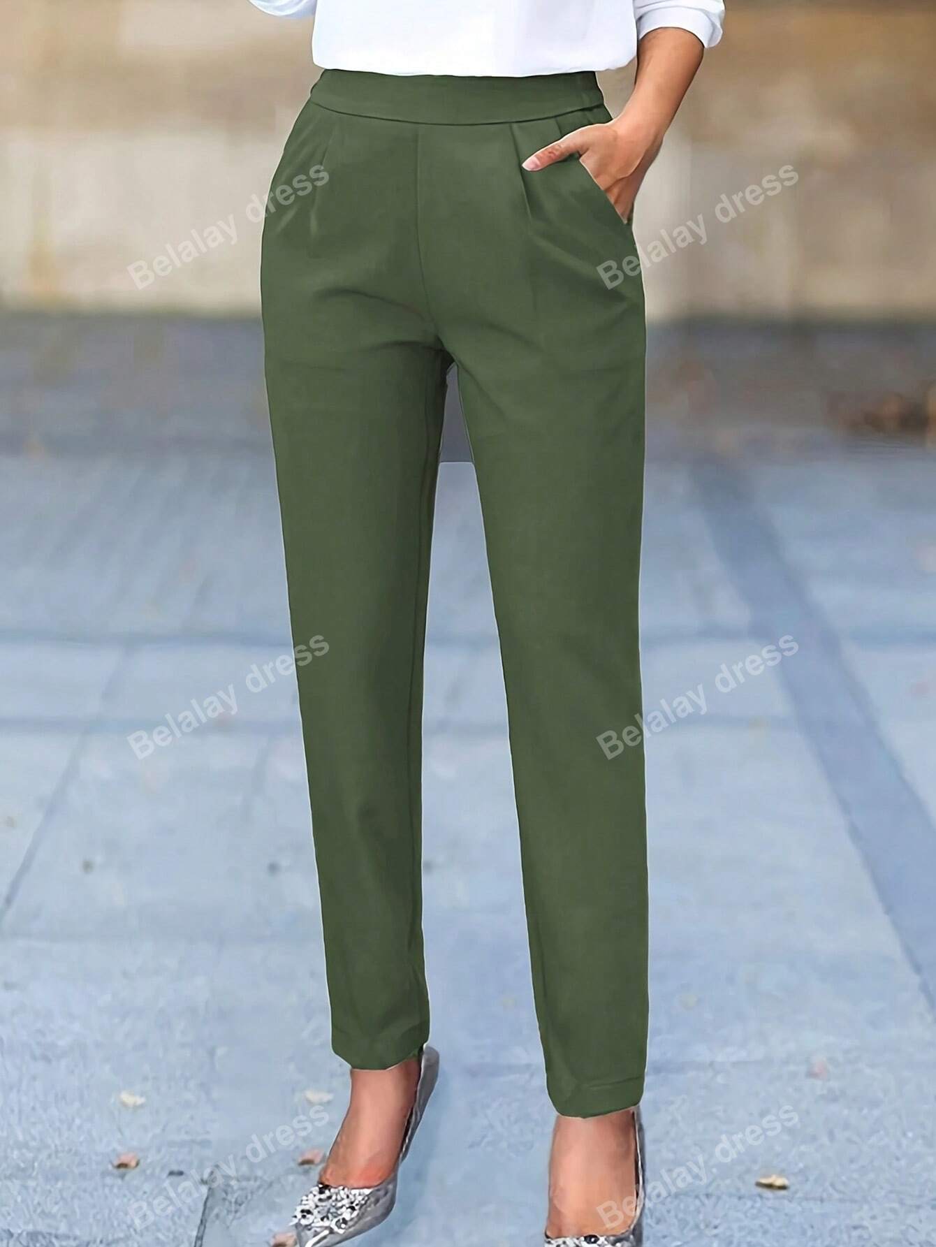 Casual Solid Color Tapered Trousers For Work/Commute