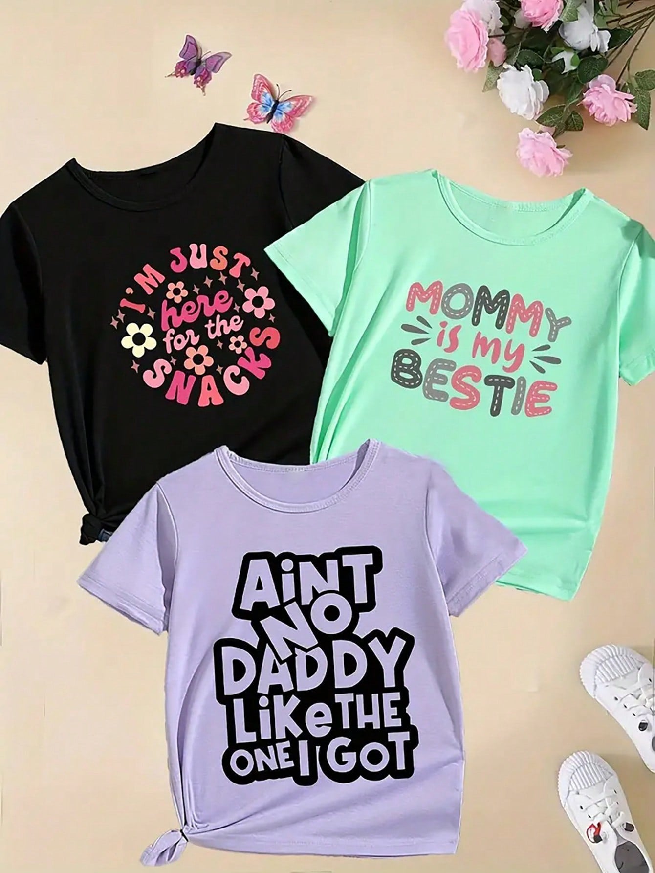 3pcs/Set Girls' Casual Comfortable Beautiful Floral Print Round Neck Short Sleeve T-Shirts