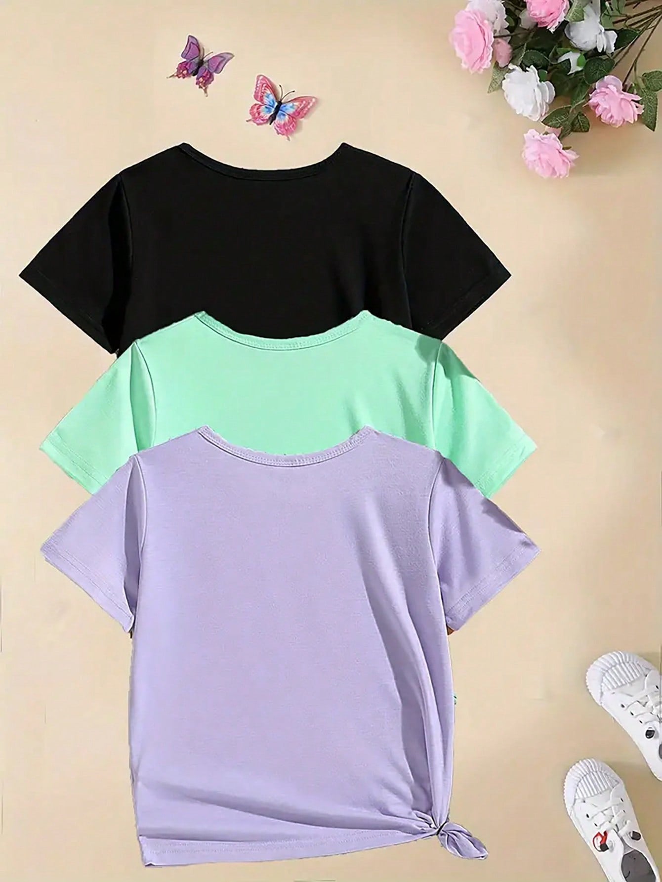 3pcs/Set Girls' Casual Comfortable Beautiful Floral Print Round Neck Short Sleeve T-Shirts