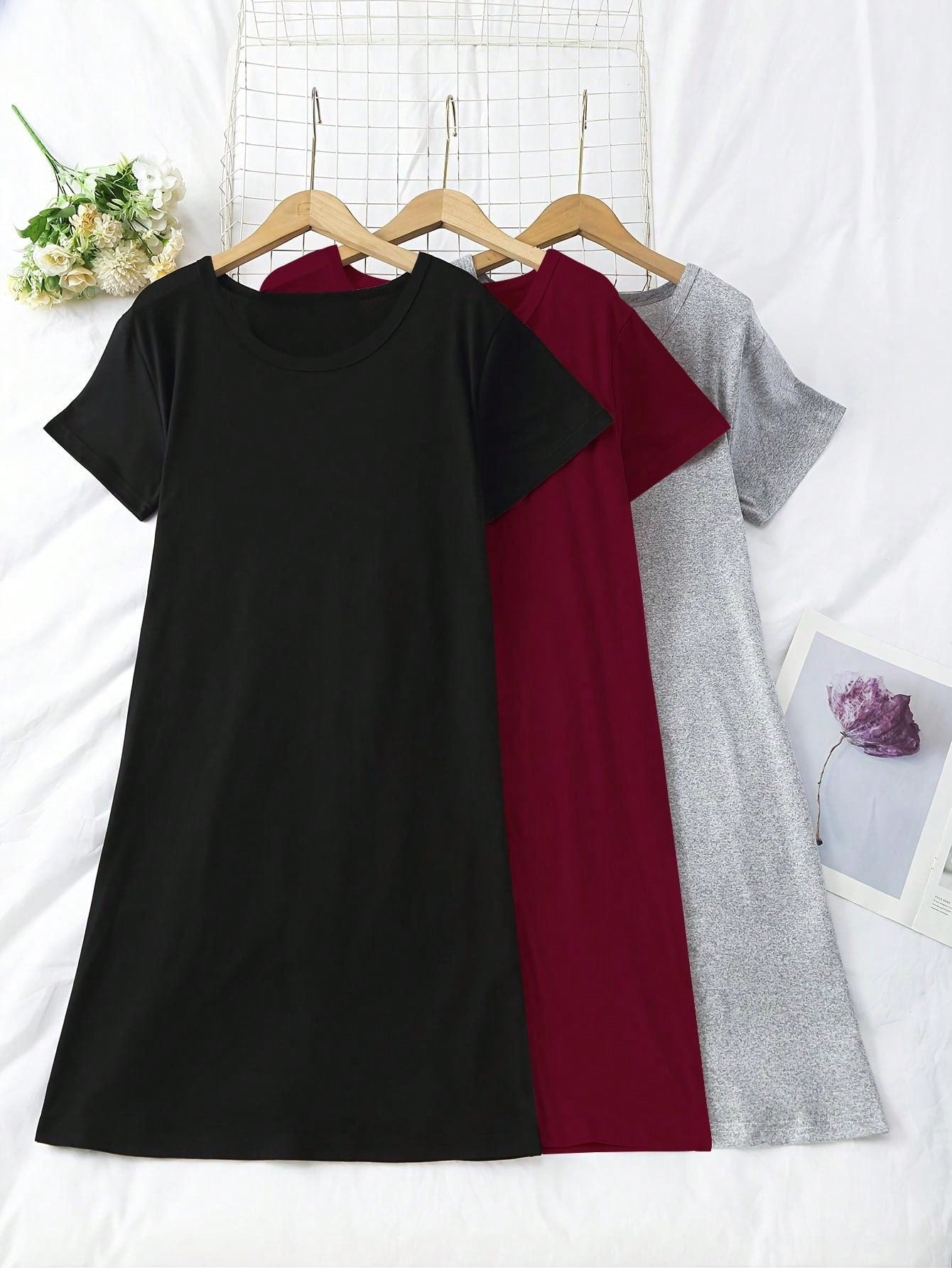 3 Piece Simple Solid Color Nightgown Set, Short Sleeve Crew Neck Pajama Dress, Women's Nightgown And Dress