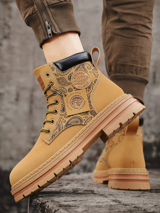 Fashionable Paisley Flower Pattern Boots For Men, Retro Thick Bottomed Cargo Boots, High Top Fashion Ankle Boots,Motorcycle Shoes