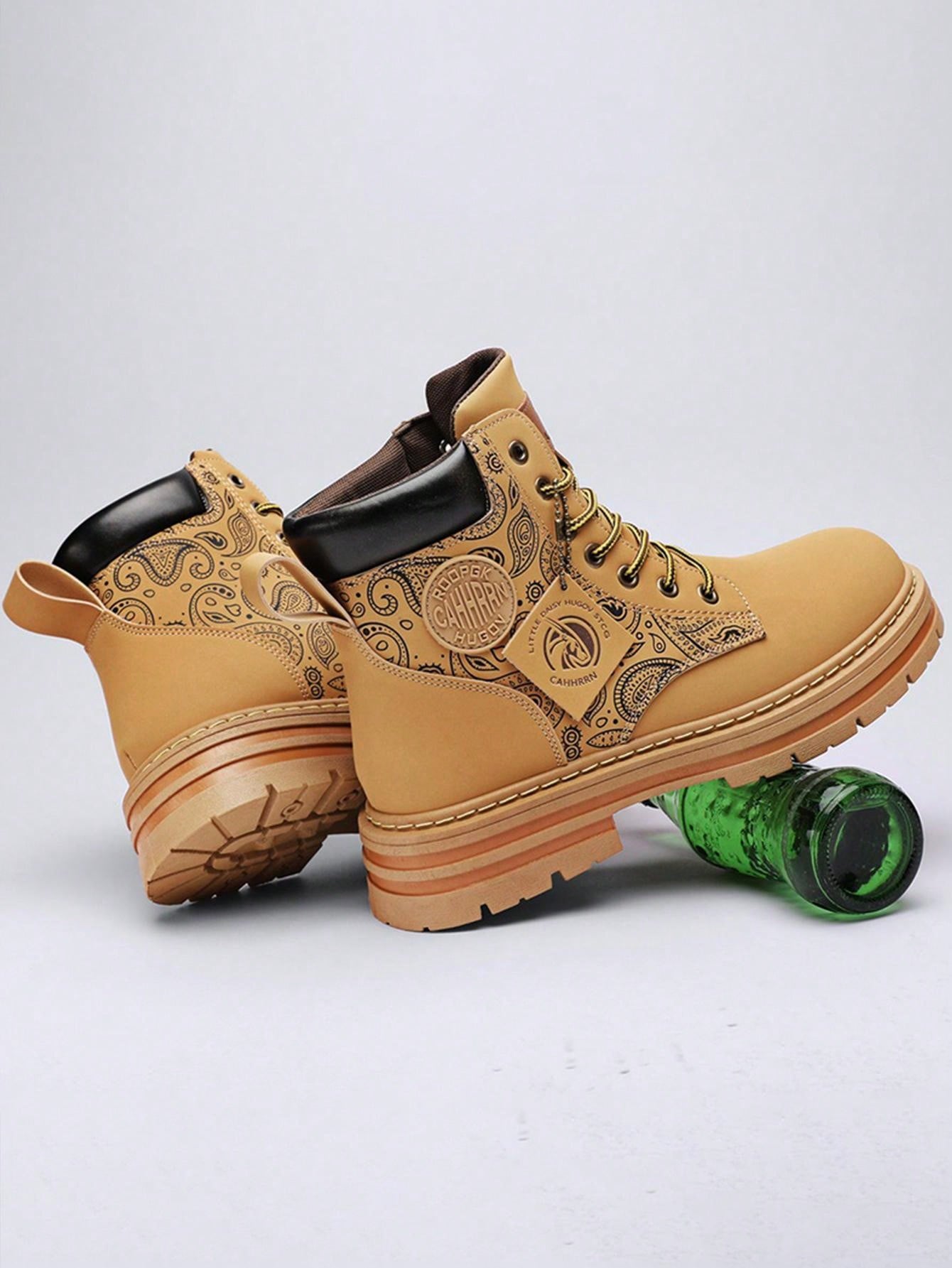 Fashionable Paisley Flower Pattern Boots For Men, Retro Thick Bottomed Cargo Boots, High Top Fashion Ankle Boots,Motorcycle Shoes