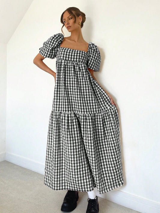 Essnce Women's Colorful Plaid Puff Sleeve Summer Dress Hawaiian Dress Flowy Dress Country Dress Summer Women Dresses Gingham Dress