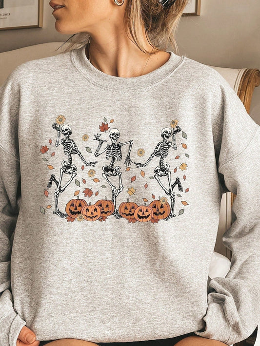 Carly Lawrence SHEIN EZwear Women's Spring And Autumn Pumpkin Skull Print Round Neck Drop Shoulder Long Sleeve Casual Loose Sweatshirt