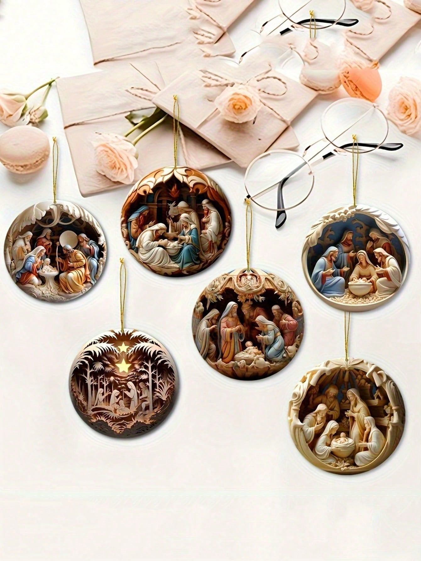 1/6Pcs Set Mary Jesus Nativity Manger Wooden Decoration, Wooden Pendant, Birth Full Moon Decoration, Birthday Decoration, Scene Decoration, Home Decoration, Holiday Party,Christmas