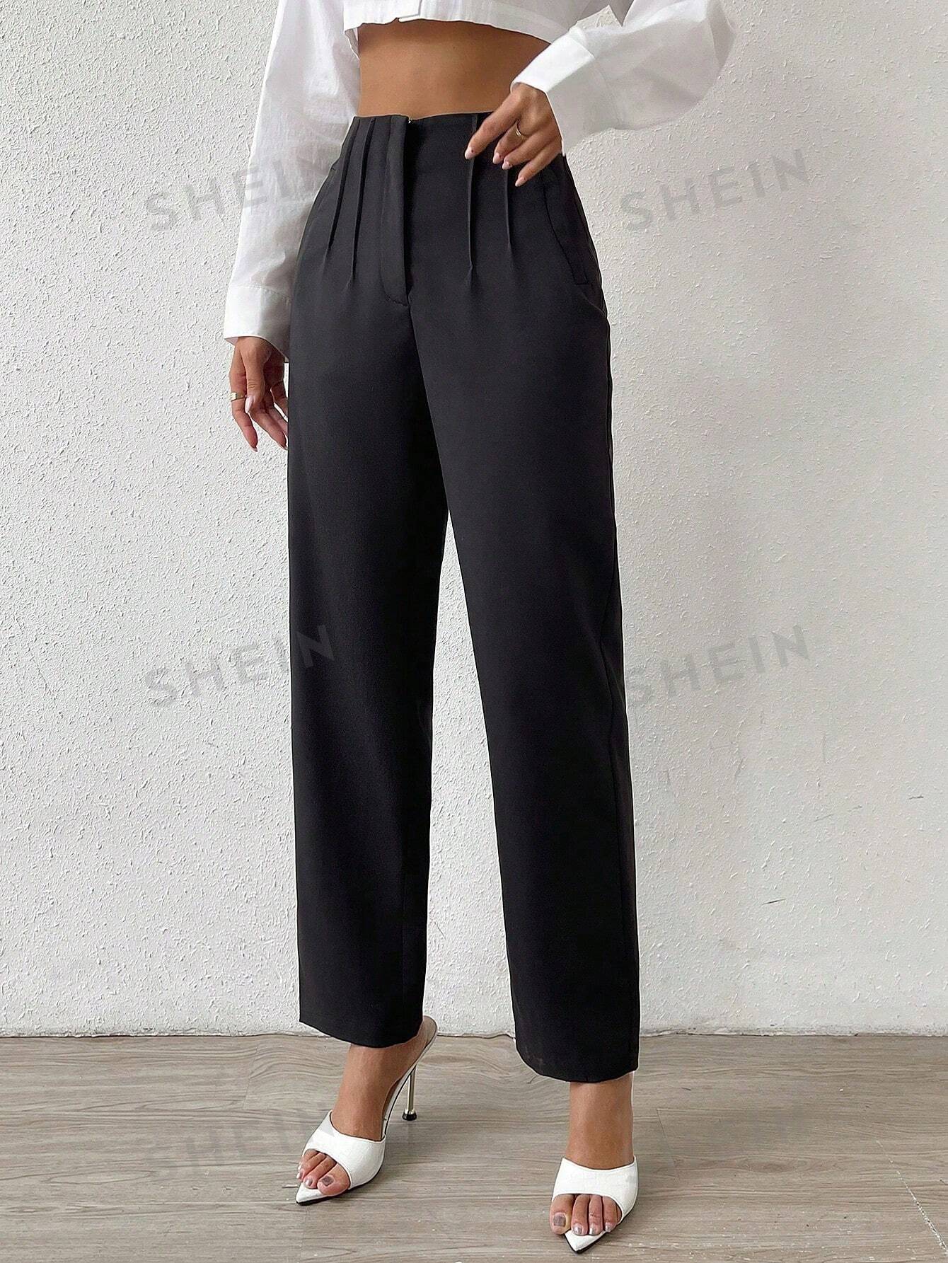 Essnce Solid Fold Pleated Straight Leg Pants