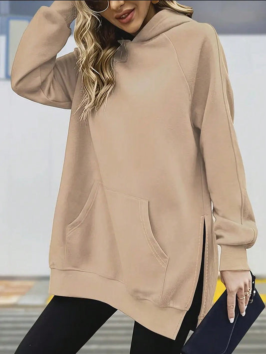 LUNE Plus Size Hooded Long Sleeve Pocket Solid Color Casual Pullover Sweatshirt