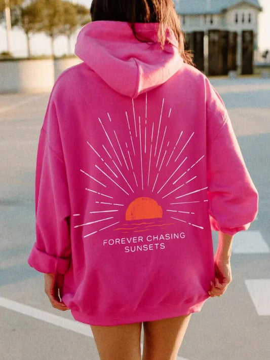 EZwear Women Sunset Graphic Print Hooded Sweatshirt, Suitable For Beach