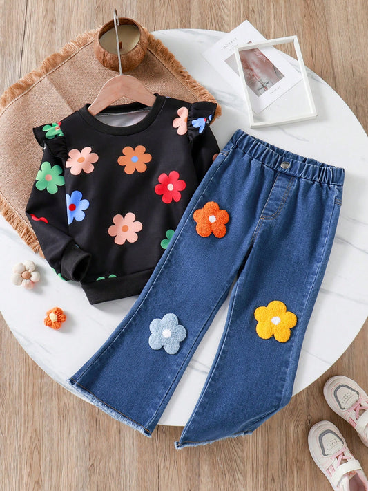 Young Girl 2pcs Casual Basic Vacation Kawaii Floral Print Black Cropped Sweatshirt   3D Flower Embroidered Flare Denim Pants Set, Suitable For Autumn, Winter, Home, Casual, Party, Family Gathering, School, Birthday Gift, Picnic, Matching Sister, Vacation