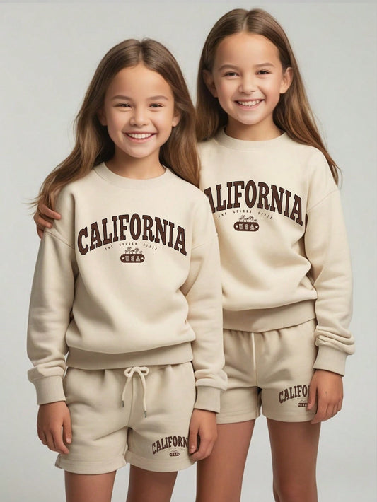 Young Girl Round Neck Letter Printed Sweatshirt And Shorts Set, Family Matching Outfits (2 Sets Sold Separately)