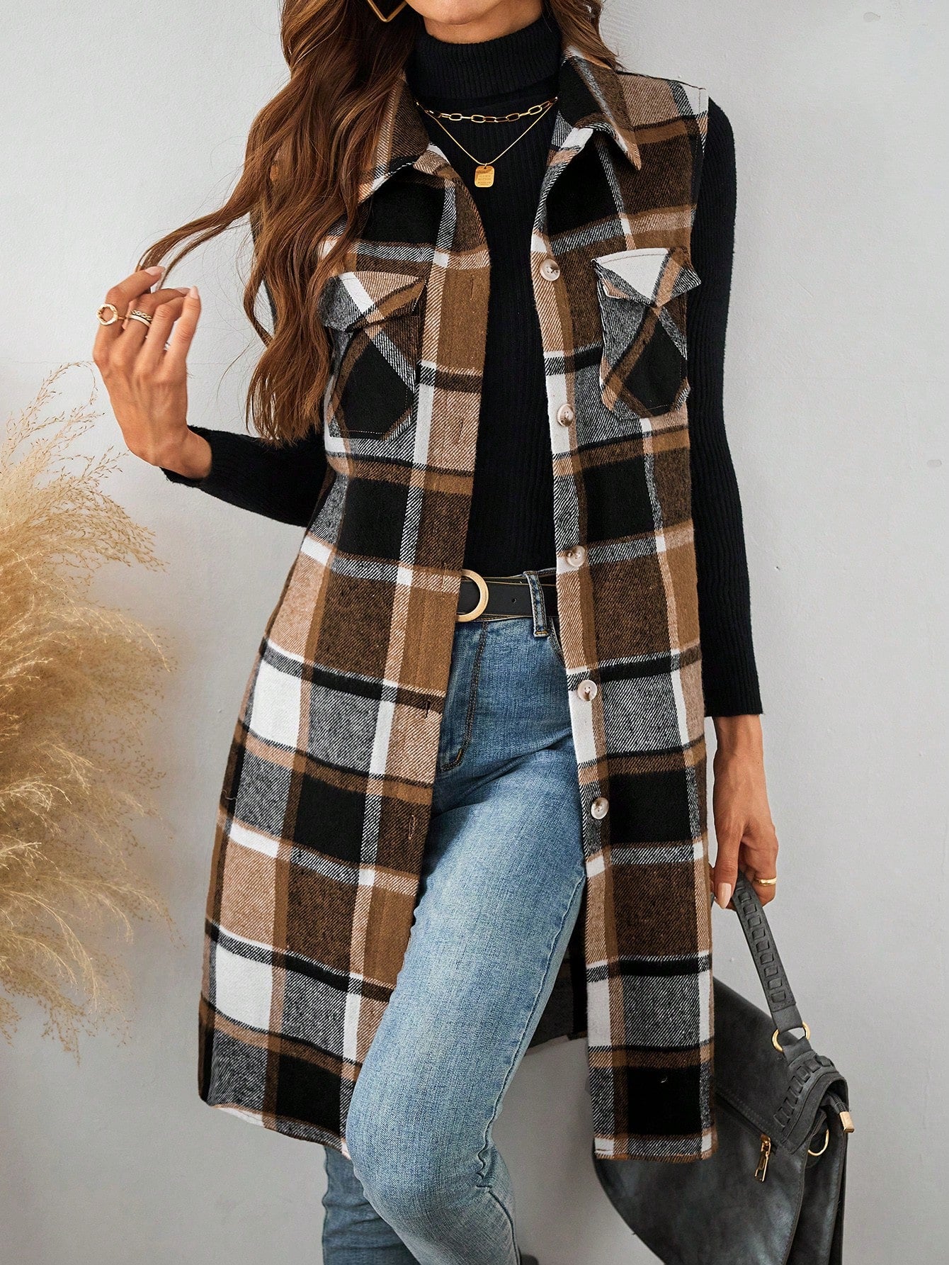 LUNE Plaid Pocket Sleeveless Casual Women Vest Jacket