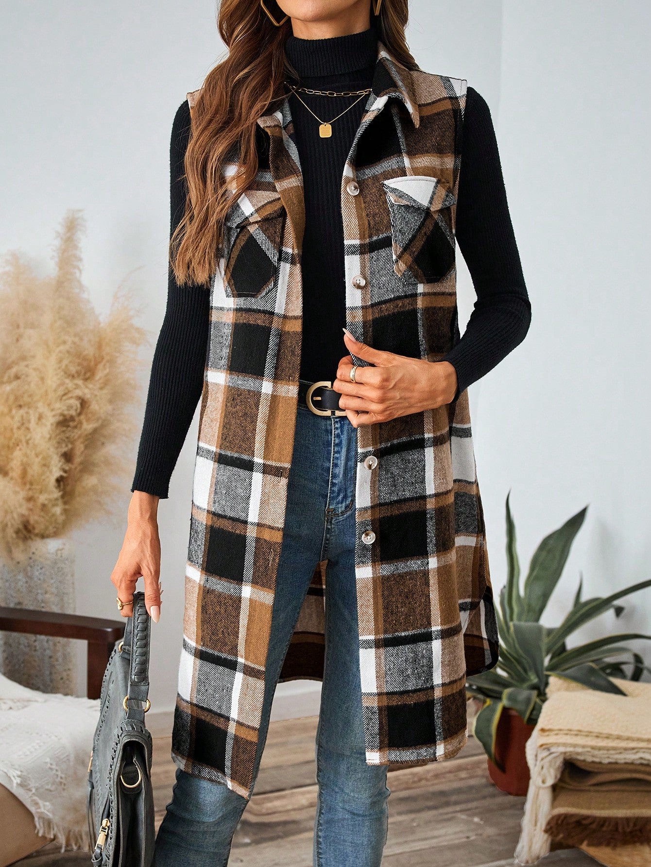 LUNE Plaid Pocket Sleeveless Casual Women Vest Jacket