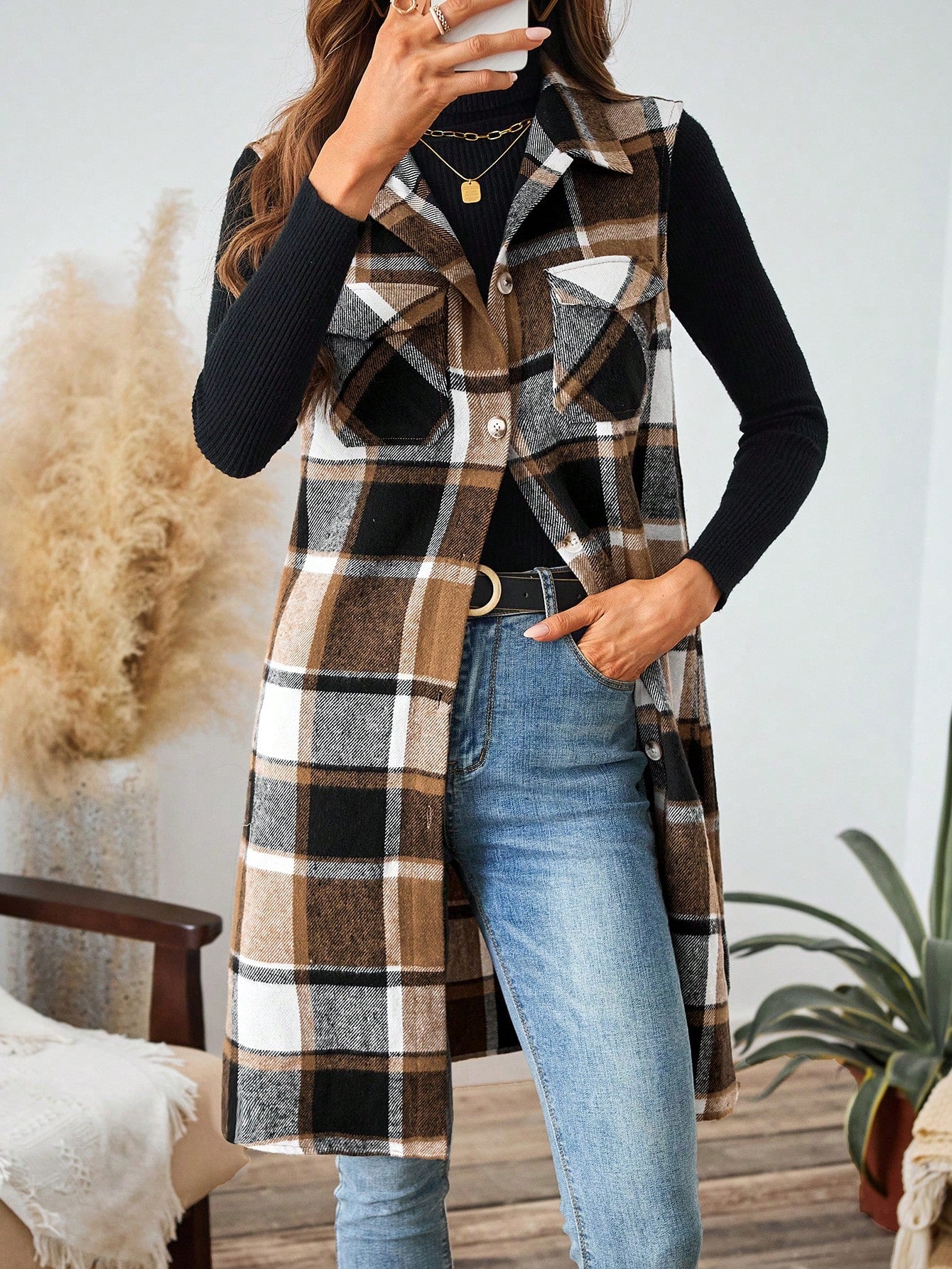 LUNE Plaid Pocket Sleeveless Casual Women Vest Jacket