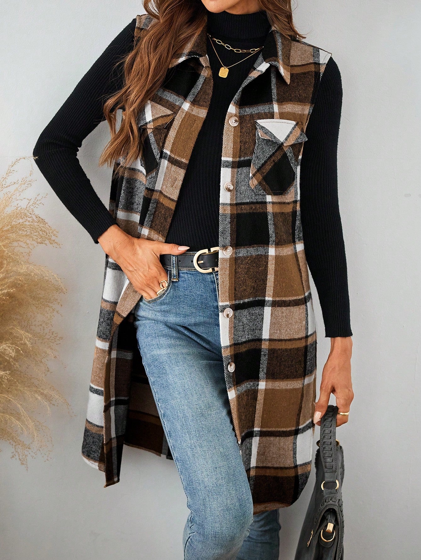 LUNE Plaid Pocket Sleeveless Casual Women Vest Jacket