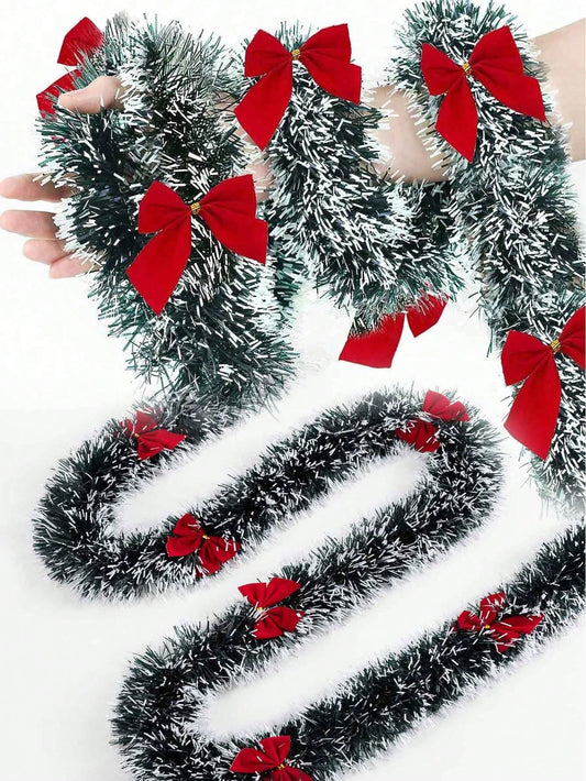 1pc Christmas Tinsel Garland, Dark Green Frost Tip Metallic Garland With 6/12pcs Red Bows, Artificial Xmas Garland For Home Indoor Outdoor Christmas Tree Decoration, Holiday Wedding Party Supplies