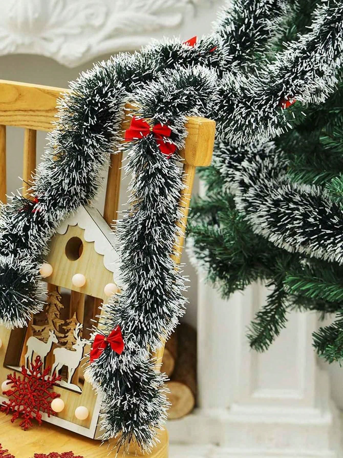 1pc Christmas Tinsel Garland, Dark Green Frost Tip Metallic Garland With 6/12pcs Red Bows, Artificial Xmas Garland For Home Indoor Outdoor Christmas Tree Decoration, Holiday Wedding Party Supplies