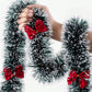 1pc Christmas Tinsel Garland, Dark Green Frost Tip Metallic Garland With 6/12pcs Red Bows, Artificial Xmas Garland For Home Indoor Outdoor Christmas Tree Decoration, Holiday Wedding Party Supplies