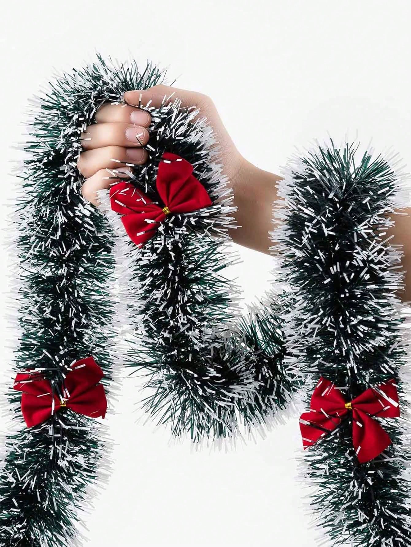 1pc Christmas Tinsel Garland, Dark Green Frost Tip Metallic Garland With 6/12pcs Red Bows, Artificial Xmas Garland For Home Indoor Outdoor Christmas Tree Decoration, Holiday Wedding Party Supplies