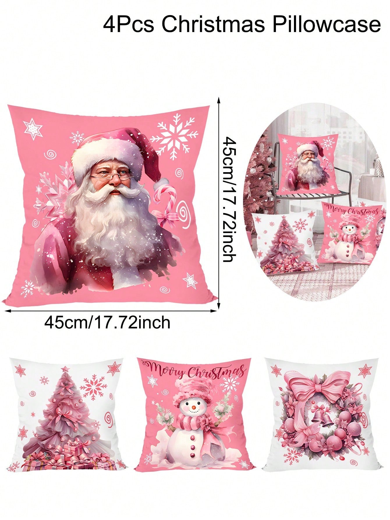 4pcs/Set Pink Christmas Cushion Cover, 45x45cm Santa Claus Snowman Xmas Tree Design Decorative Throw Pillow Case Christmas Decorations For Home 2024 Room Sofa Chair Pillowcase Ornaments Gifts Festive Holiday Party Supplies