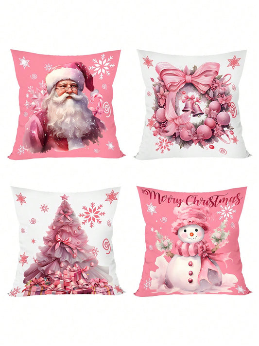 4pcs/Set Pink Christmas Cushion Cover, 45x45cm Santa Claus Snowman Xmas Tree Design Decorative Throw Pillow Case Christmas Decorations For Home 2024 Room Sofa Chair Pillowcase Ornaments Gifts Festive Holiday Party Supplies