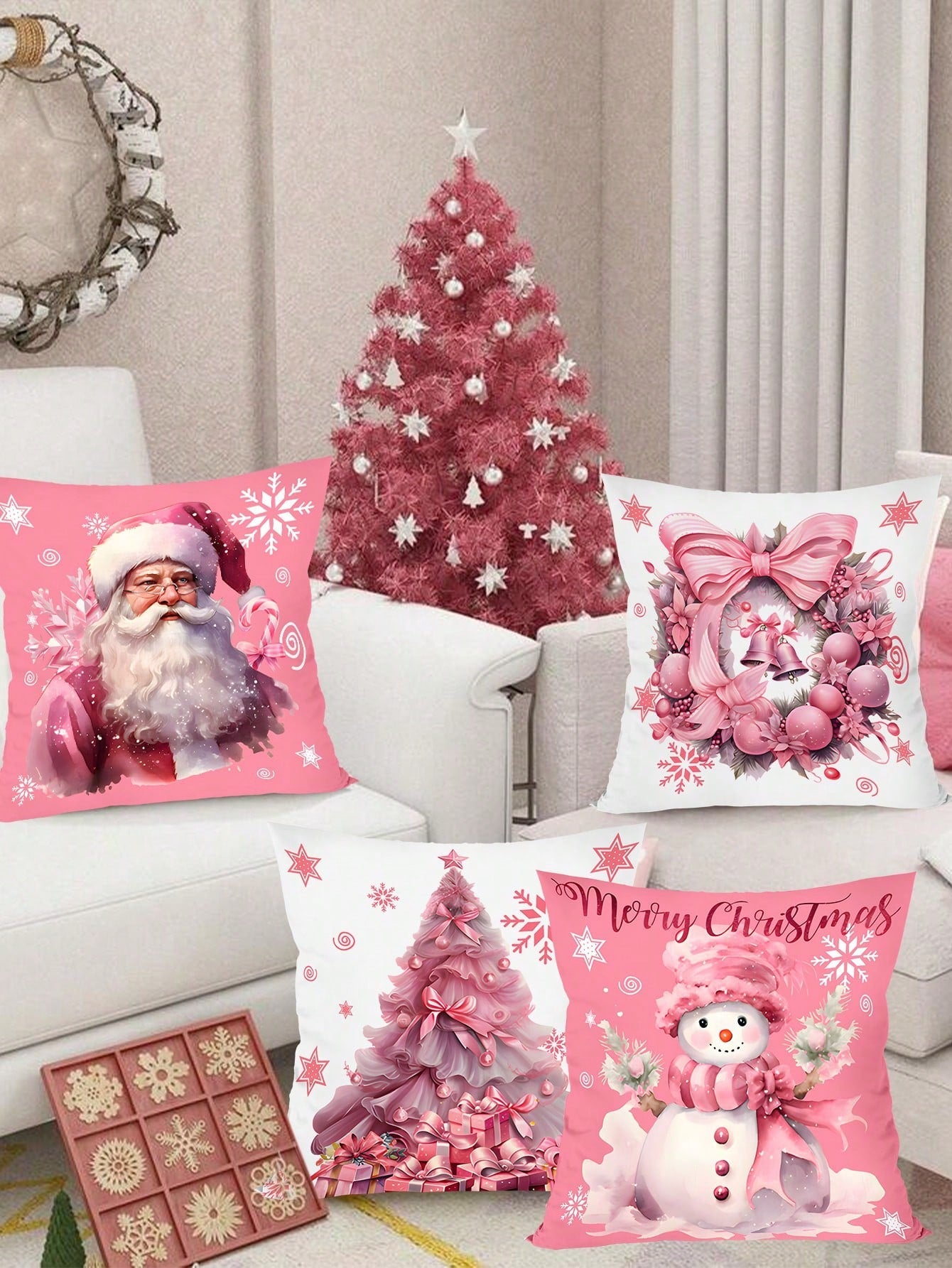 4pcs/Set Pink Christmas Cushion Cover, 45x45cm Santa Claus Snowman Xmas Tree Design Decorative Throw Pillow Case Christmas Decorations For Home 2024 Room Sofa Chair Pillowcase Ornaments Gifts Festive Holiday Party Supplies