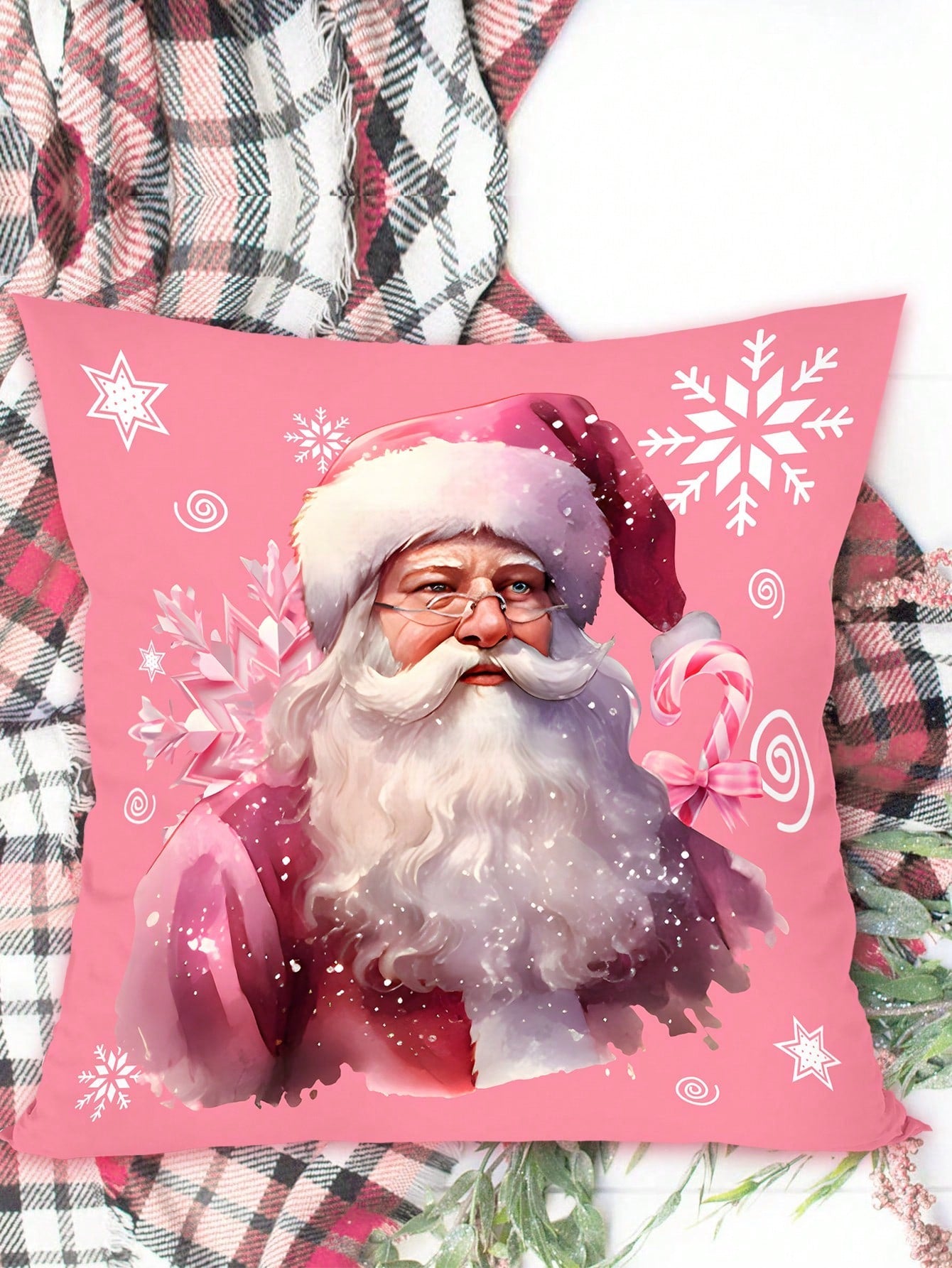 4pcs/Set Pink Christmas Cushion Cover, 45x45cm Santa Claus Snowman Xmas Tree Design Decorative Throw Pillow Case Christmas Decorations For Home 2024 Room Sofa Chair Pillowcase Ornaments Gifts Festive Holiday Party Supplies