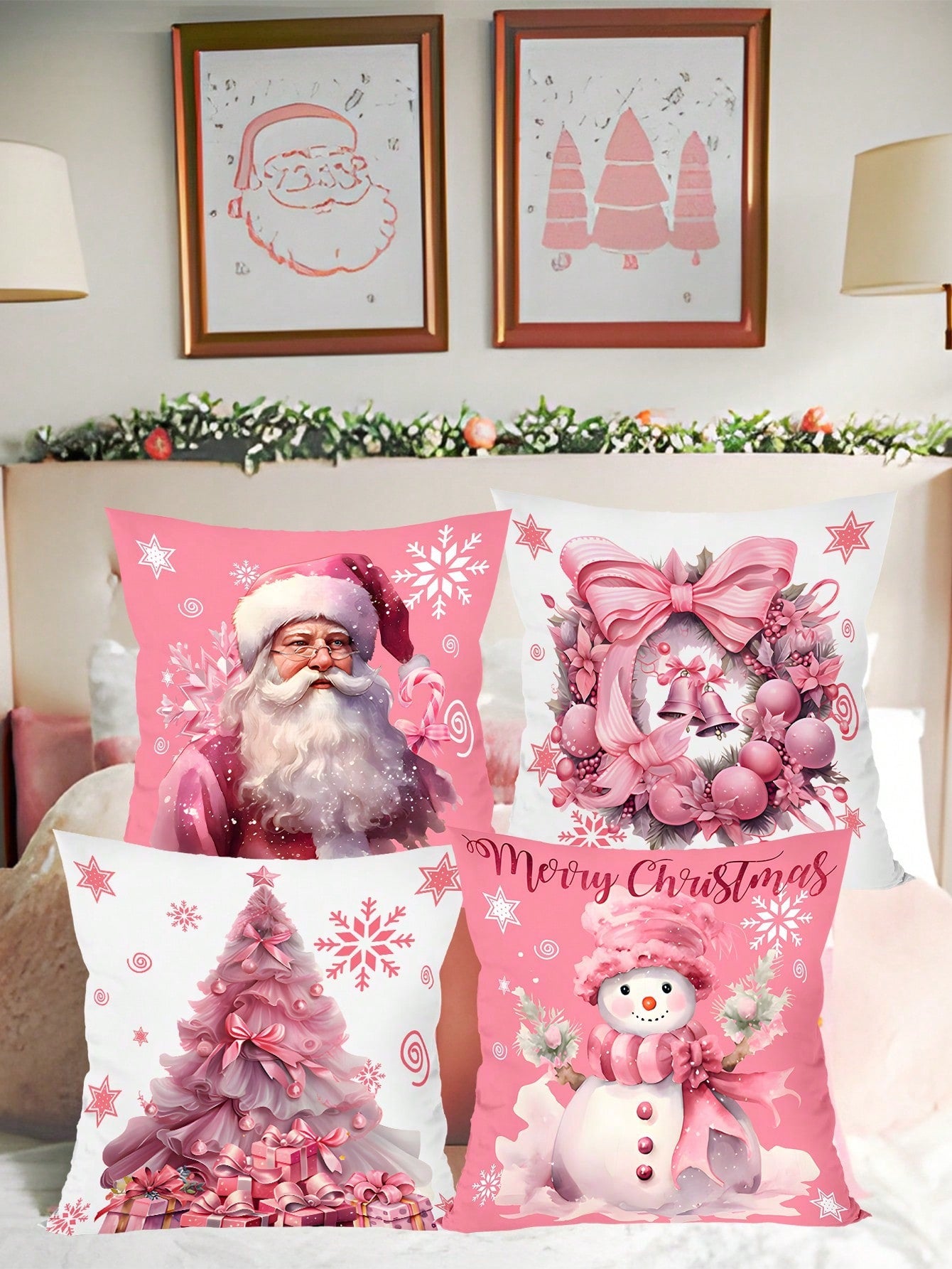 4pcs/Set Pink Christmas Cushion Cover, 45x45cm Santa Claus Snowman Xmas Tree Design Decorative Throw Pillow Case Christmas Decorations For Home 2024 Room Sofa Chair Pillowcase Ornaments Gifts Festive Holiday Party Supplies