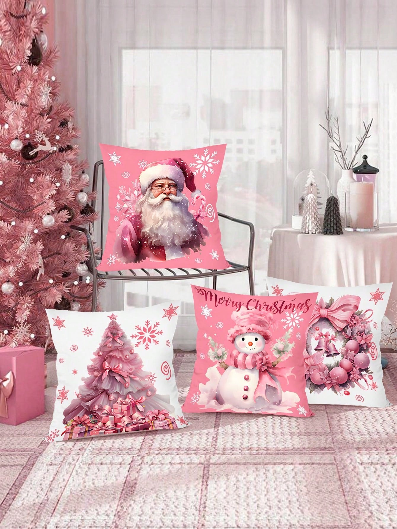 4pcs/Set Pink Christmas Cushion Cover, 45x45cm Santa Claus Snowman Xmas Tree Design Decorative Throw Pillow Case Christmas Decorations For Home 2024 Room Sofa Chair Pillowcase Ornaments Gifts Festive Holiday Party Supplies