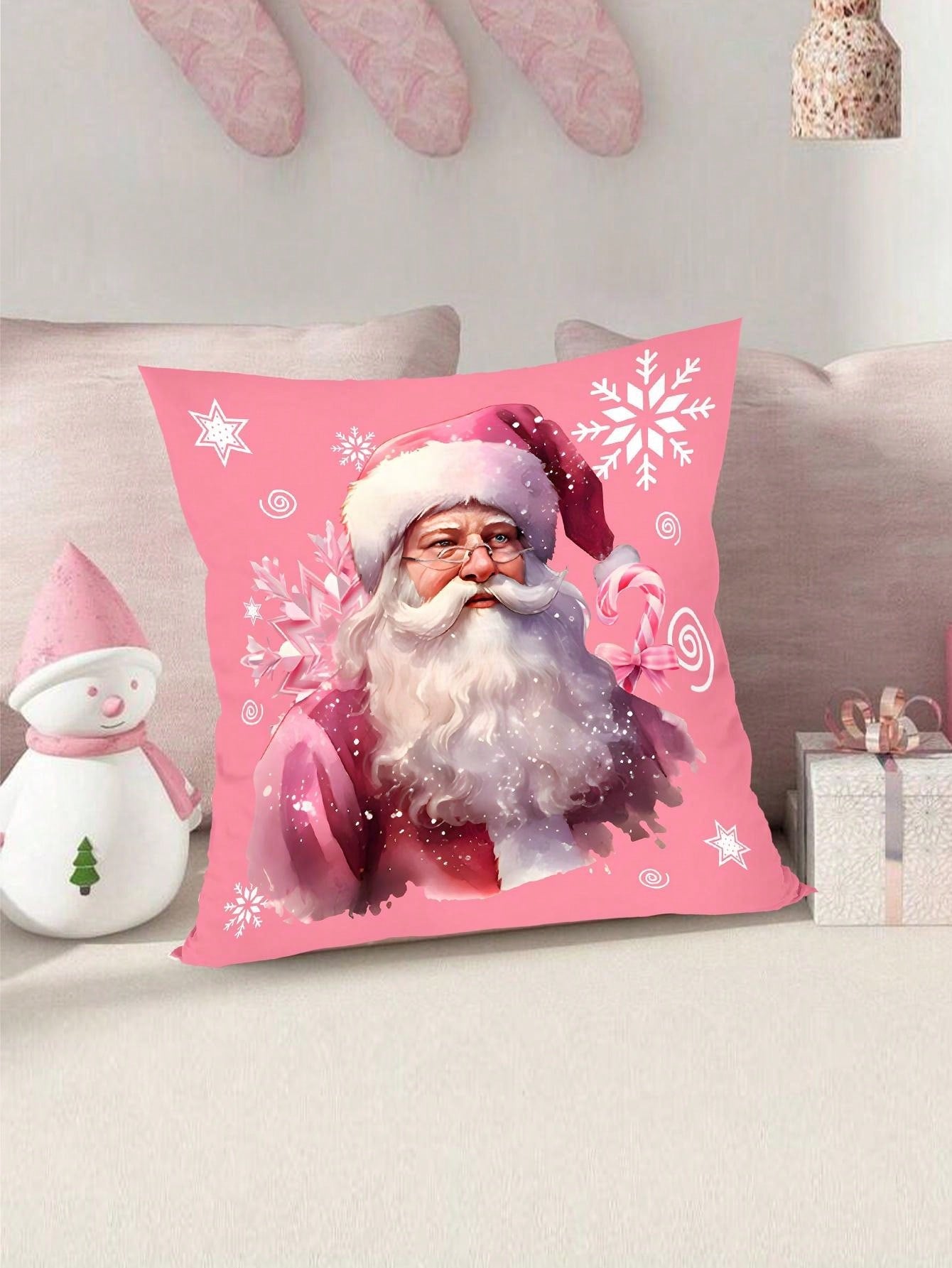 4pcs/Set Pink Christmas Cushion Cover, 45x45cm Santa Claus Snowman Xmas Tree Design Decorative Throw Pillow Case Christmas Decorations For Home 2024 Room Sofa Chair Pillowcase Ornaments Gifts Festive Holiday Party Supplies