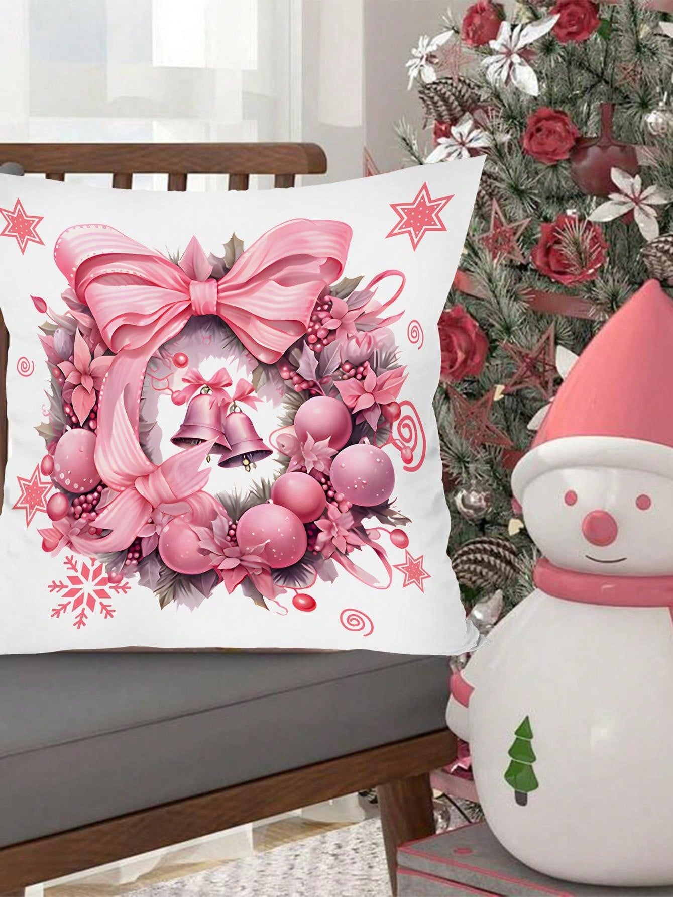 4pcs/Set Pink Christmas Cushion Cover, 45x45cm Santa Claus Snowman Xmas Tree Design Decorative Throw Pillow Case Christmas Decorations For Home 2024 Room Sofa Chair Pillowcase Ornaments Gifts Festive Holiday Party Supplies