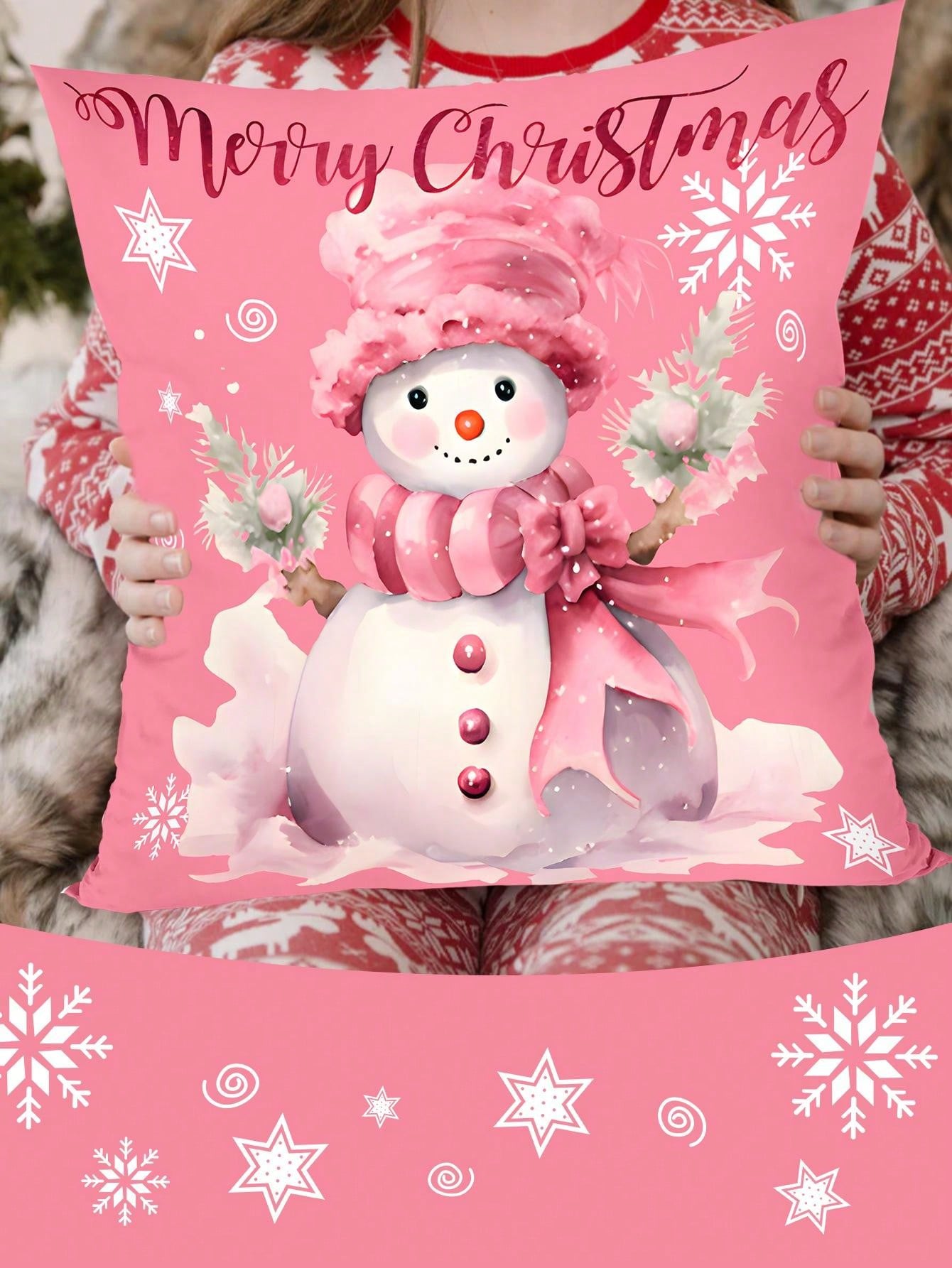 4pcs/Set Pink Christmas Cushion Cover, 45x45cm Santa Claus Snowman Xmas Tree Design Decorative Throw Pillow Case Christmas Decorations For Home 2024 Room Sofa Chair Pillowcase Ornaments Gifts Festive Holiday Party Supplies