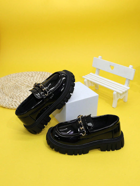 New Thick Sole Girls Casual Leather Loafers, Anti-Slip British Style Black Color Children Platform Shoes, Princess Glossy Flat Oxfords For Girls