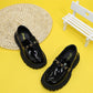 New Thick Sole Girls Casual Leather Loafers, Anti-Slip British Style Black Color Children Platform Shoes, Princess Glossy Flat Oxfords For Girls