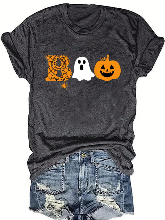 LUNE Casual Minimalist Halloween Graphic Round Neck Short Sleeve Loose Fit Women T-Shirt, Suitable For Summer, Contains Cotton