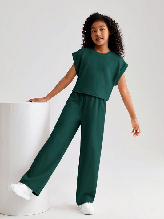 Tween Girl Solid Color Crew Neck Sleeveless Top And Pants Spring/Summer Casual Set