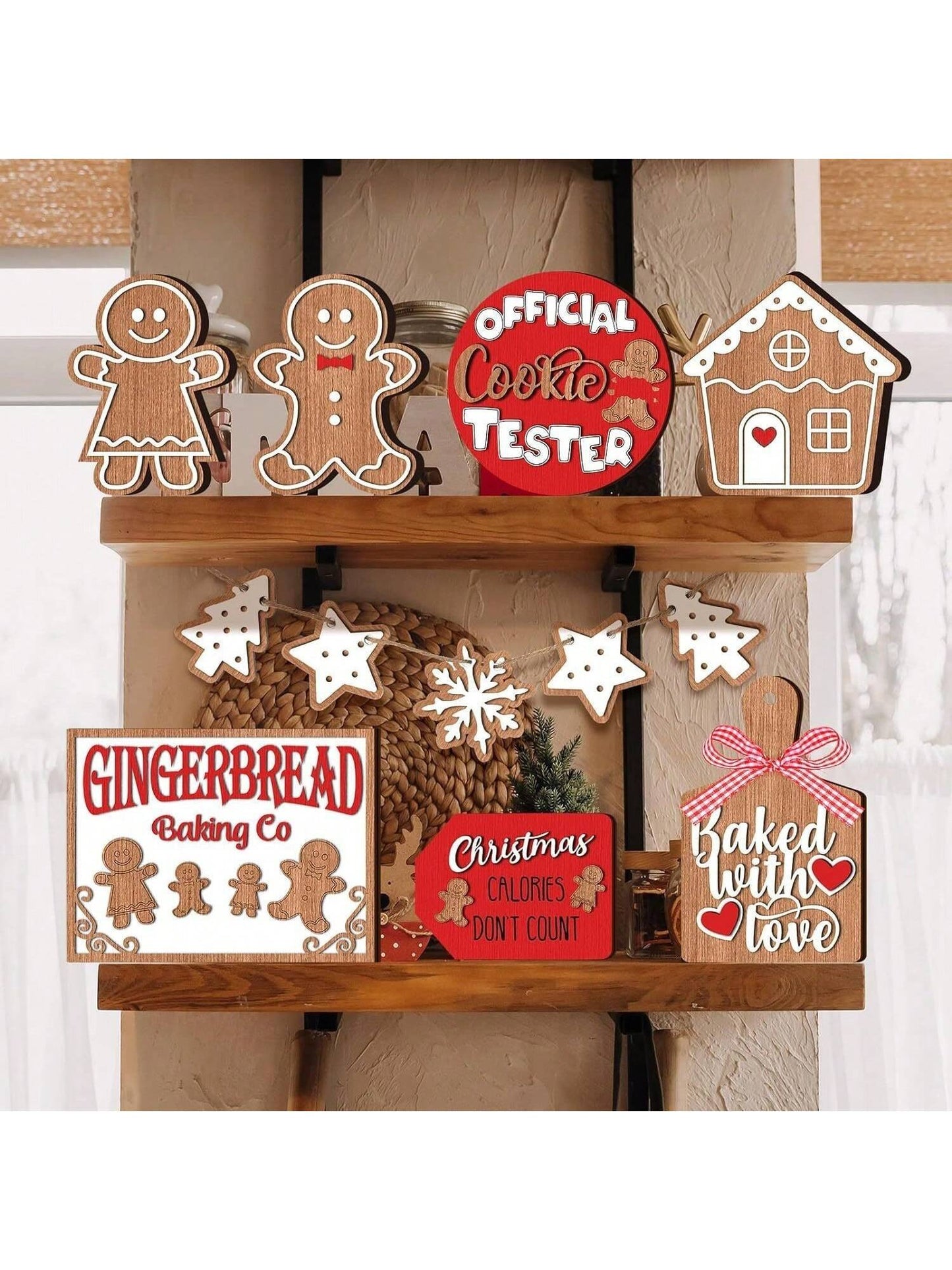 12pcs Christmas Wooden Cartoon Figurine Multilayer Tray Ornaments, Seasonal Wooden Desktop Decoration,Christmas