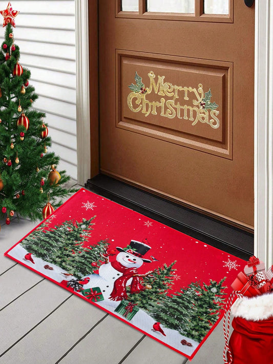 1Pc Marry Christmas Crystal Velvet Doormat Door Mat,Snowman Christmas Tree Dwarf Doll Pattern,Christmas Decorations,Christmas Door Decor Home Decor,Outdoor Decor,Xmas Party Decor Party Supplies,2025 New Year Decor,Christmas