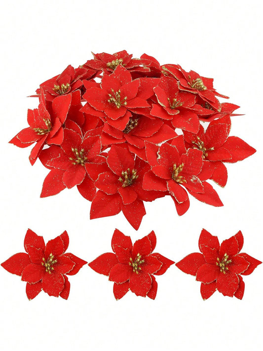 10Pcs Red Christmas Decor Simulation Flower, Christmas Tree Decoration Christmas Decoration For Home,Christmas Party Supplies,Merry Christmas Xmas