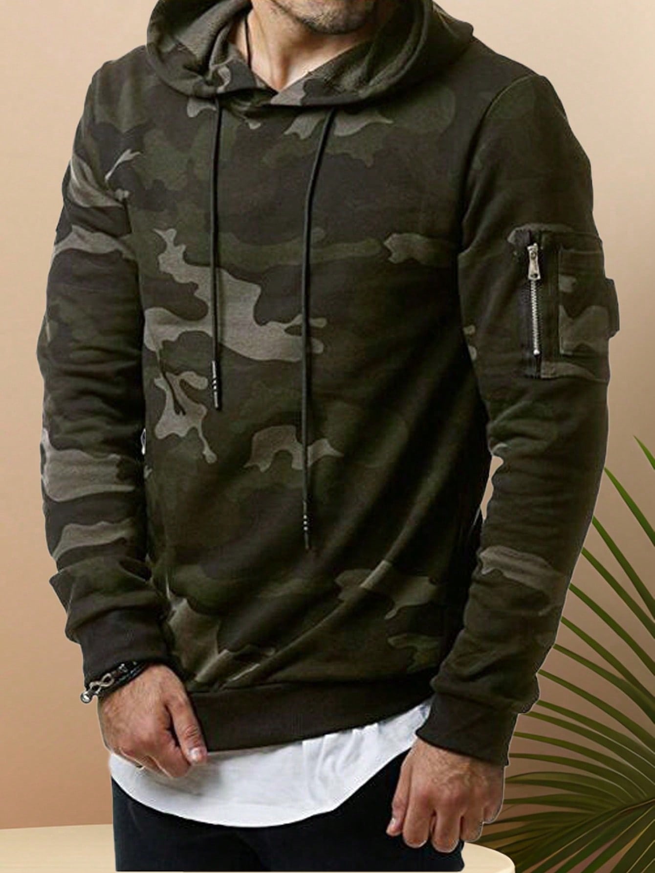 Men's Hooded Sports Sweatshirt, Camouflage Print With Arm Pouch